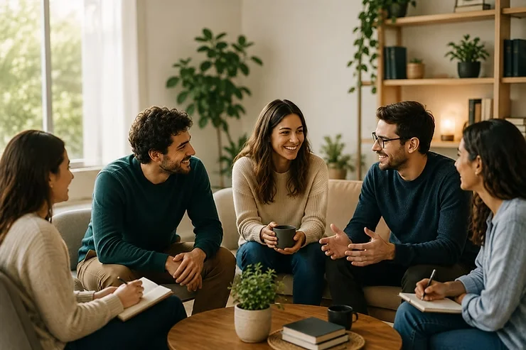 Cinco personas conversan sonriendo en un living luminoso, algunas con cuadernos en la mano, durante un encuentro de comunidad