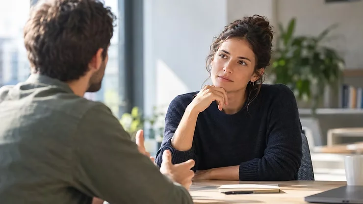 Dos personas conversan sentadas frente a frente en una oficina luminosa.