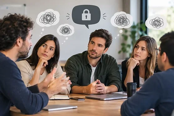 Equipo de trabajo reunido en una mesa: varias personas se miran con gesto serio, con globos de pensamiento con garabatos y un candado sobre ellas, que simbolizan lo que el equipo piensa y no dice.